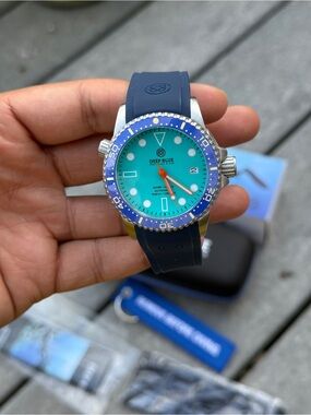 Deep Blue automatic Turquoise Dial Diver Watch with Blue Bezel and Navy Strap